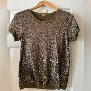 J Crew Olive Green Sequin Top Sz S